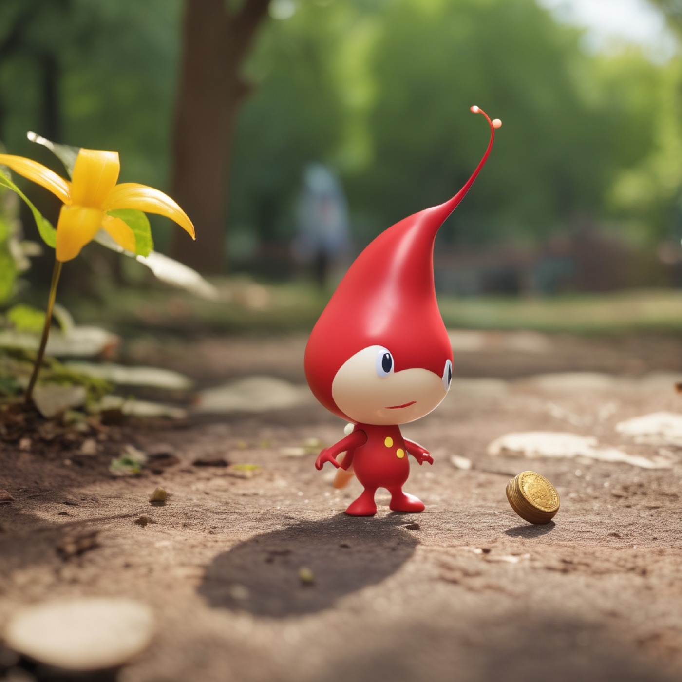 Red Pikmin carrying a coin in a park